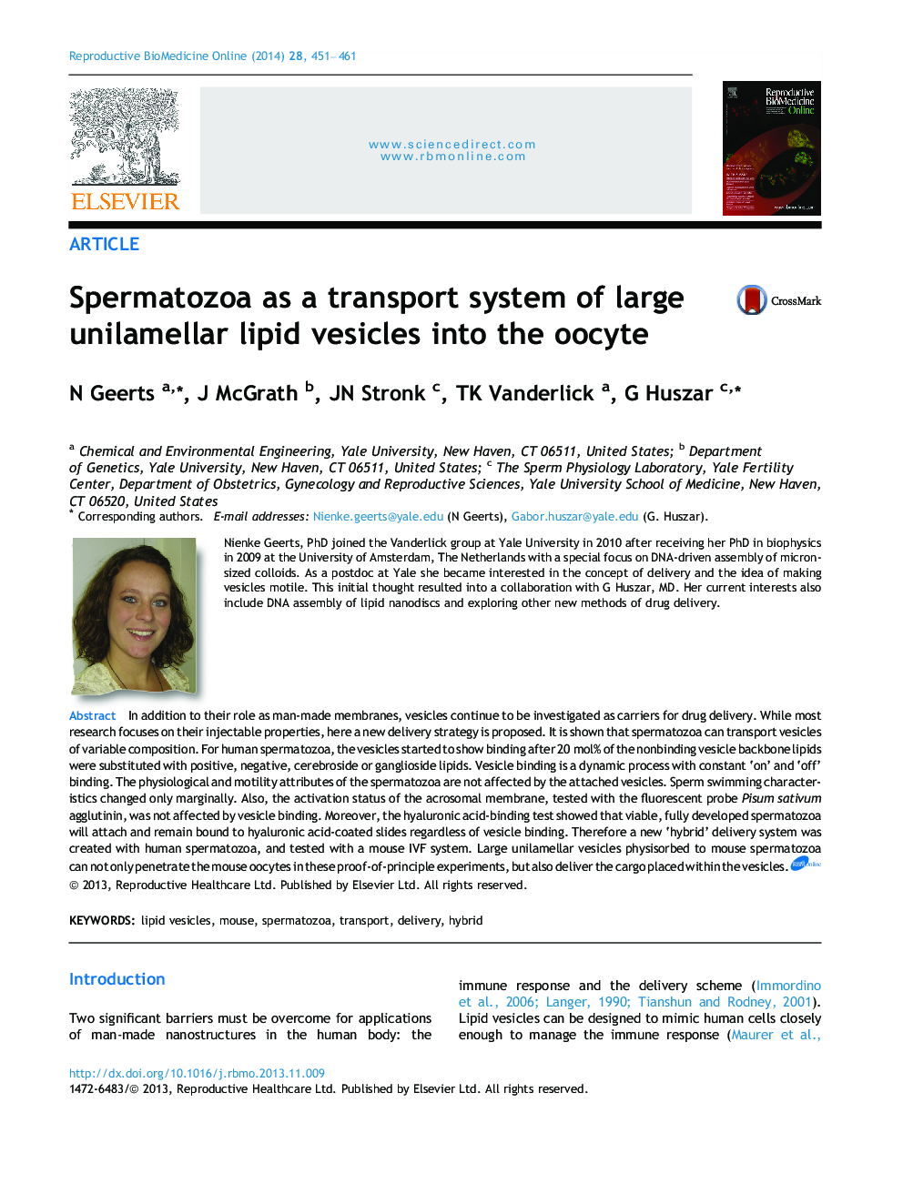 Spermatozoa as a transport system of large unilamellar lipid vesicles into the oocyte 