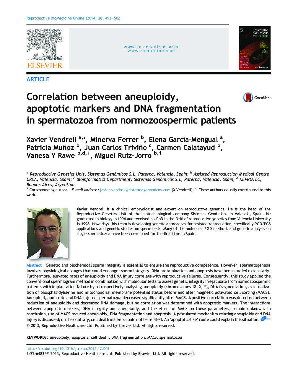 Correlation between aneuploidy, apoptotic markers and DNA fragmentation in spermatozoa from normozoospermic patients 