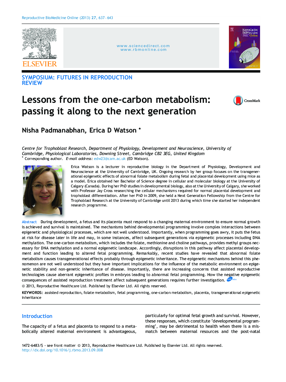 Lessons from the one-carbon metabolism: passing it along to the next generation 