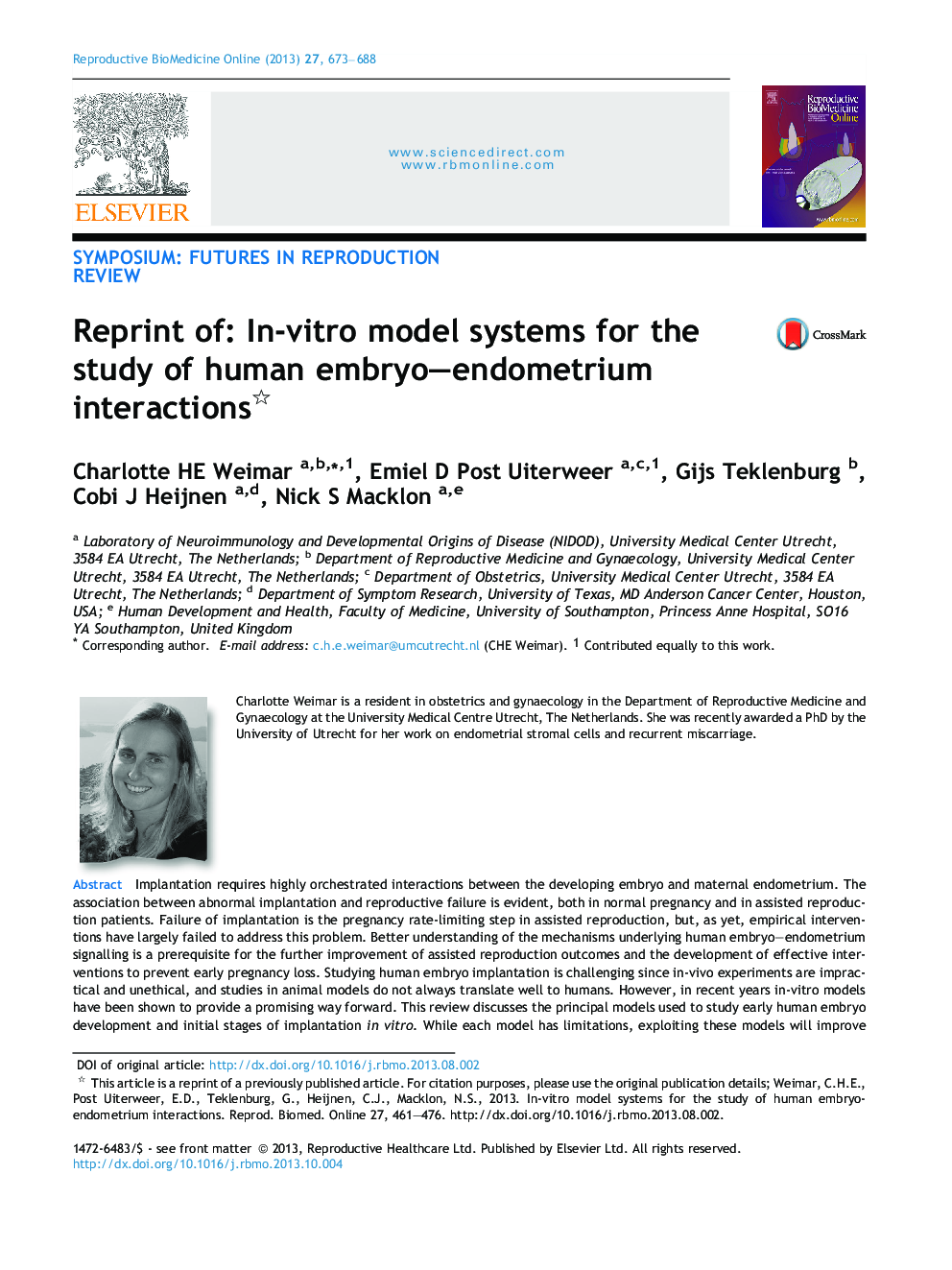 Reprint of: In-vitro model systems for the study of human embryo–endometrium interactions 