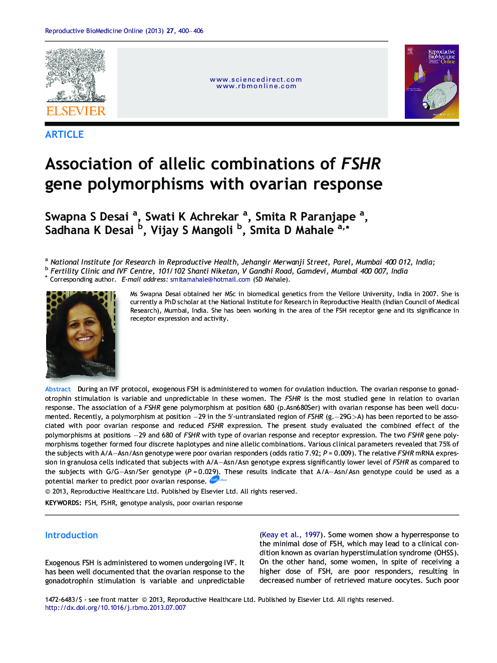 Association of allelic combinations of FSHR gene polymorphisms with ovarian response 