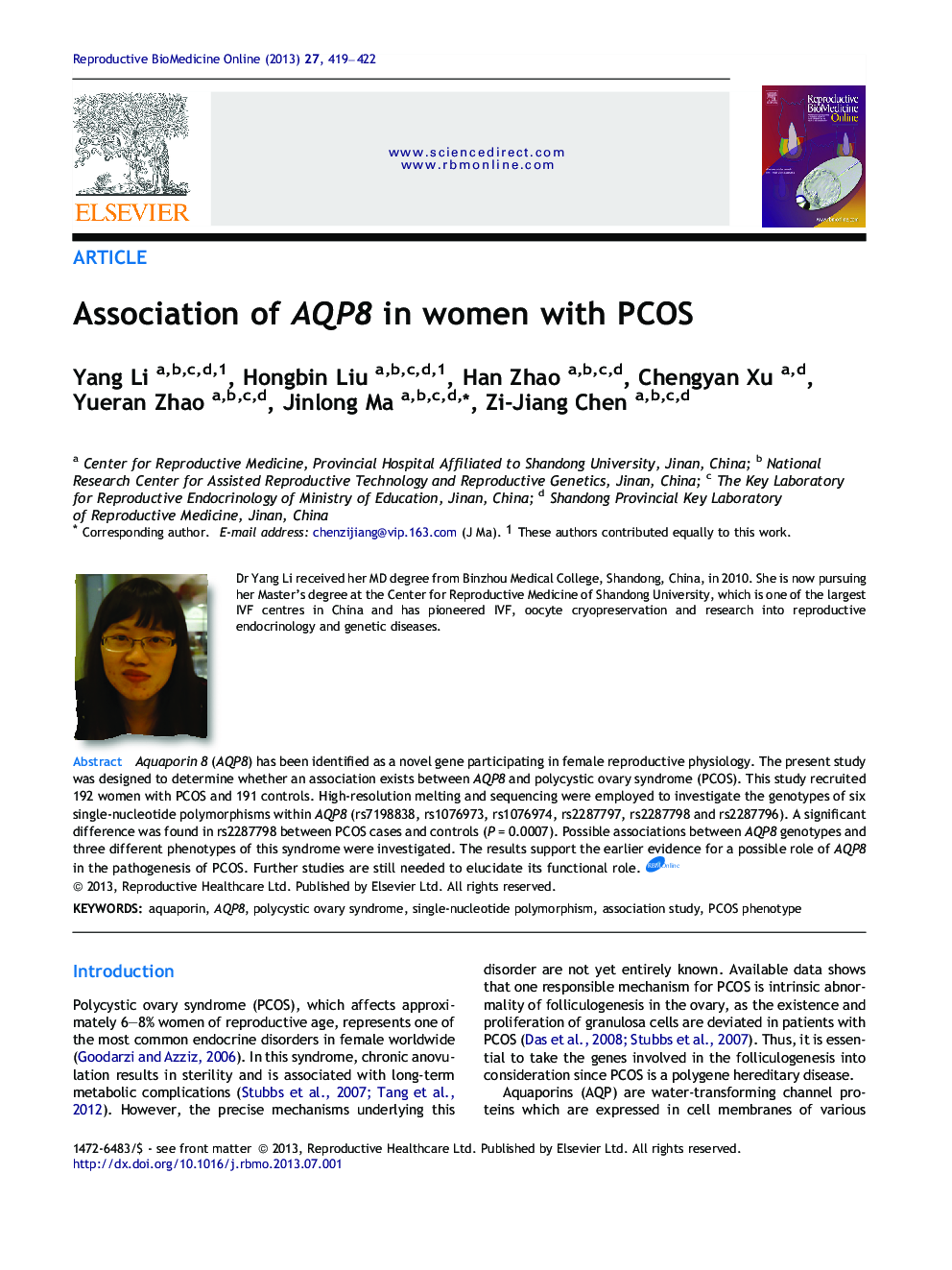 Association of AQP8 in women with PCOS 