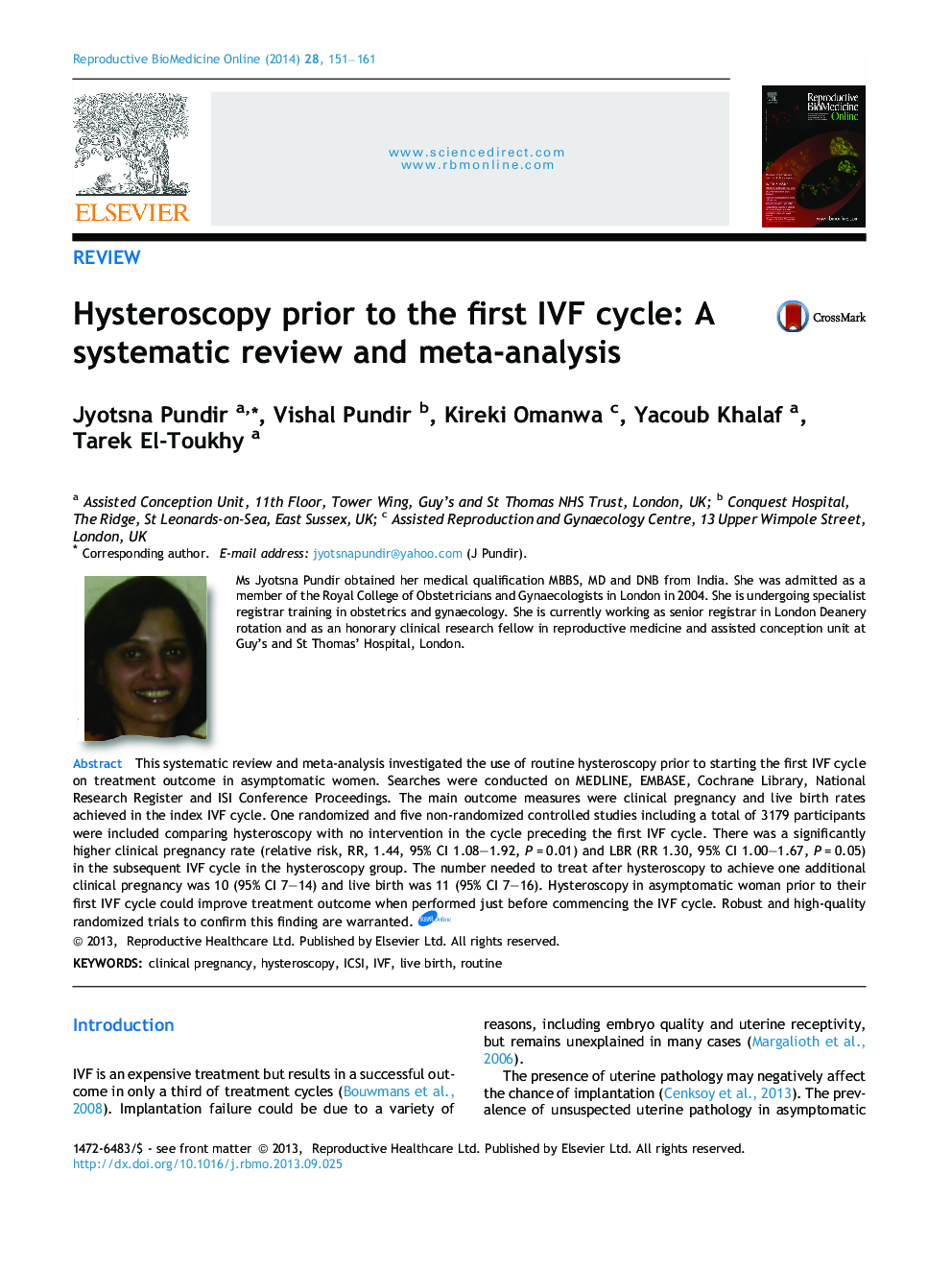 Hysteroscopy prior to the first IVF cycle: A systematic review and meta-analysis 