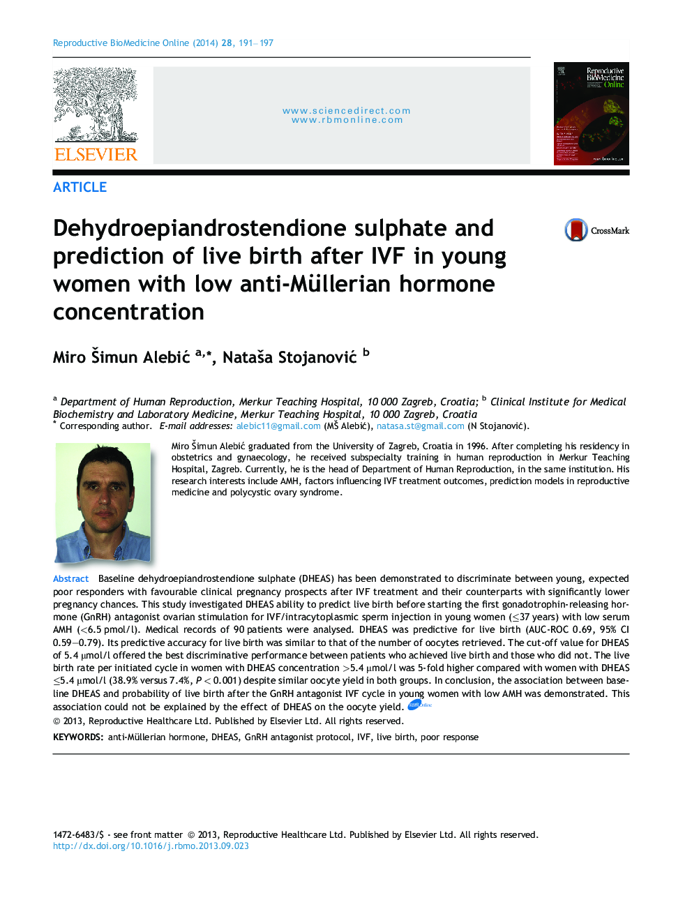 Dehydroepiandrostendione sulphate and prediction of live birth after IVF in young women with low anti-Müllerian hormone concentration 