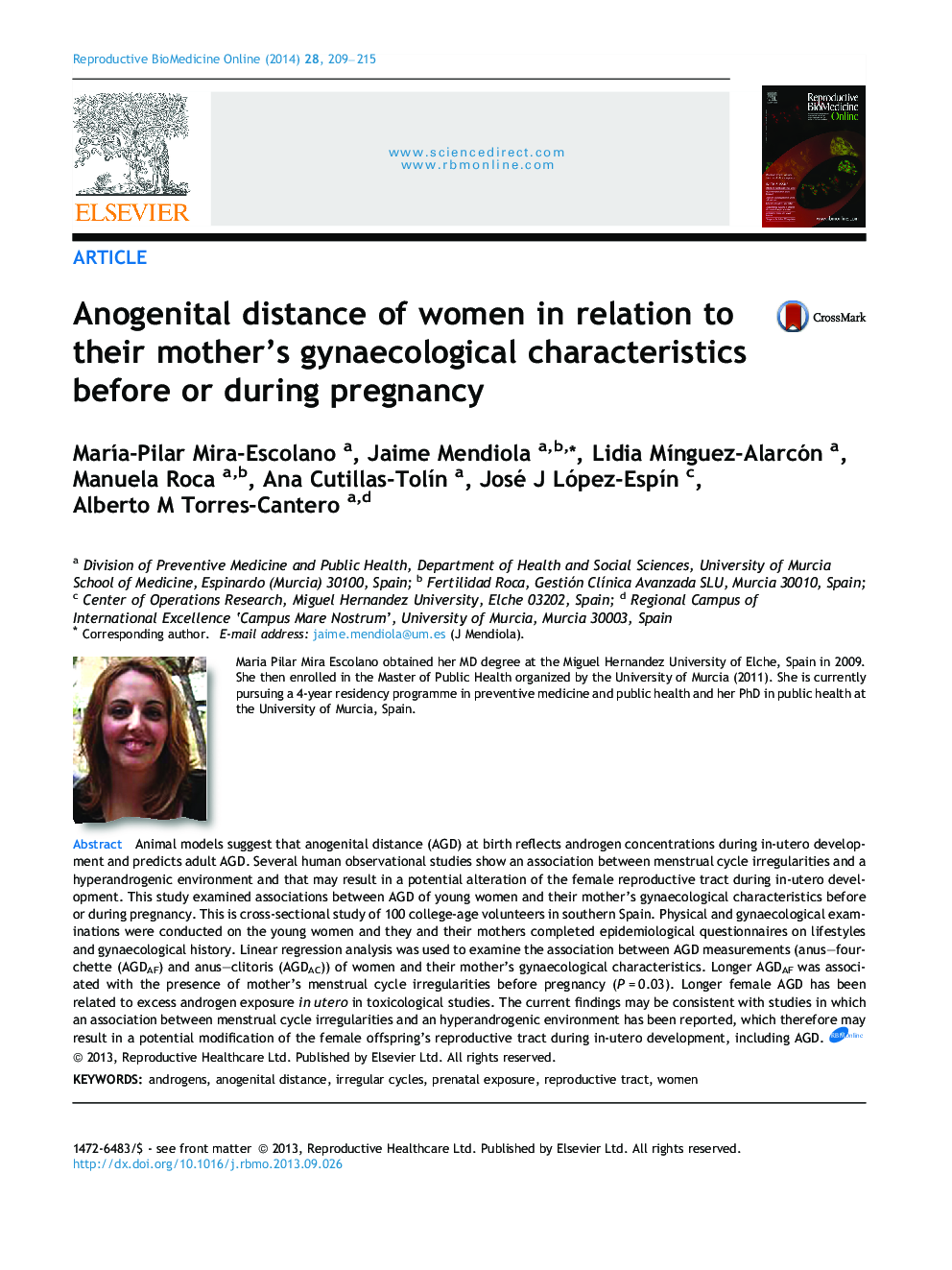 Anogenital distance of women in relation to their mother’s gynaecological characteristics before or during pregnancy 