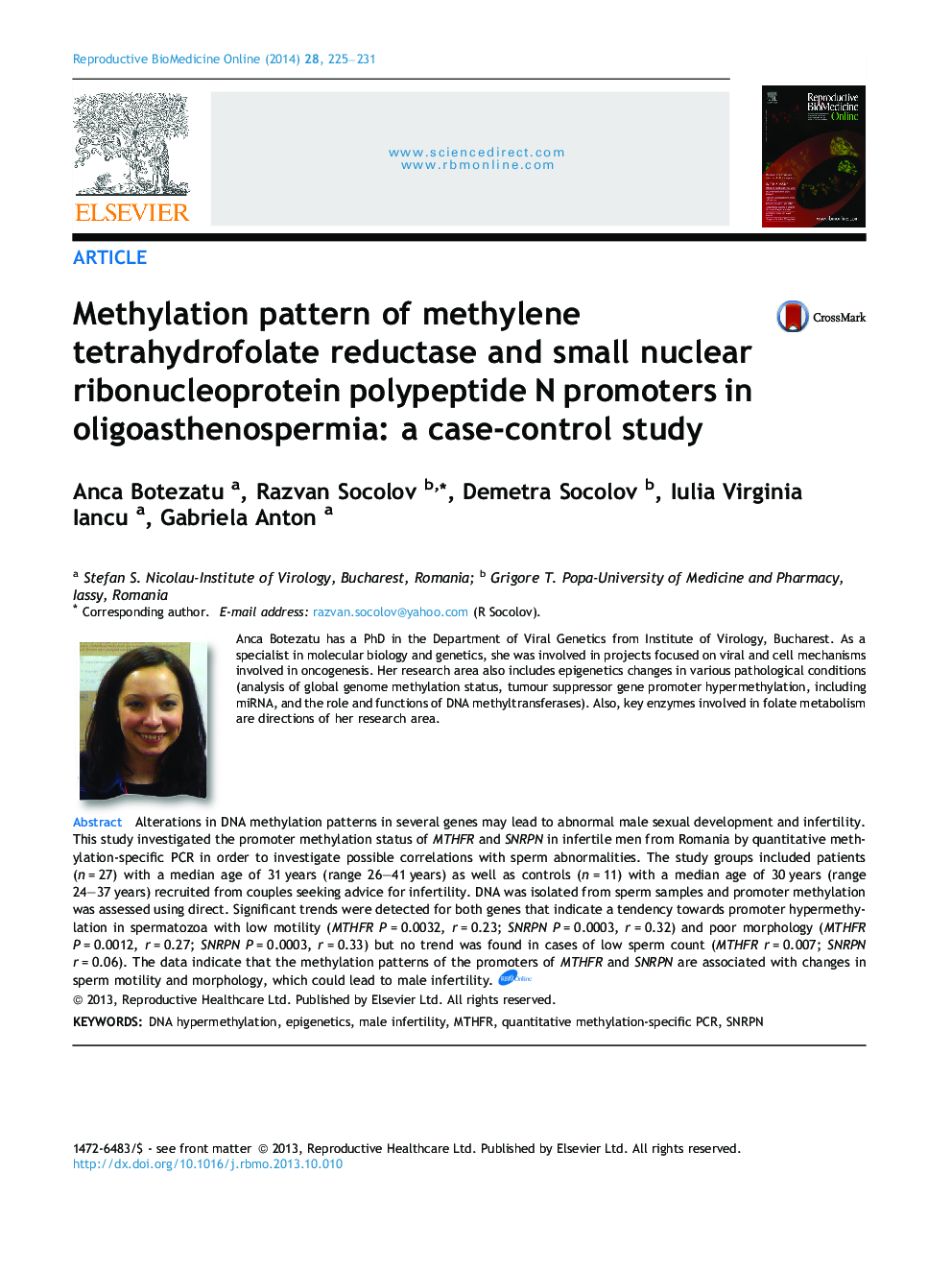 Methylation pattern of methylene tetrahydrofolate reductase and small nuclear ribonucleoprotein polypeptide N promoters in oligoasthenospermia: a case-control study 