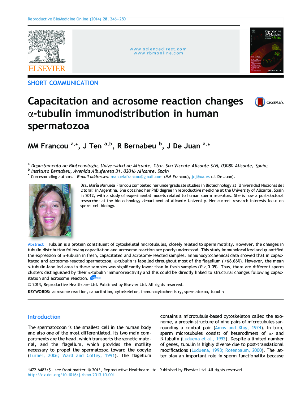Capacitation and acrosome reaction changes α-tubulin immunodistribution in human spermatozoa 