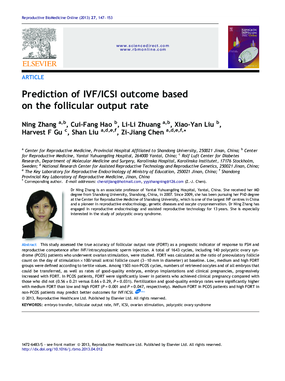 Prediction of IVF/ICSI outcome based on the follicular output rate 