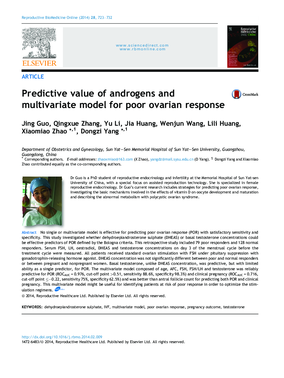 Predictive value of androgens and multivariate model for poor ovarian response 