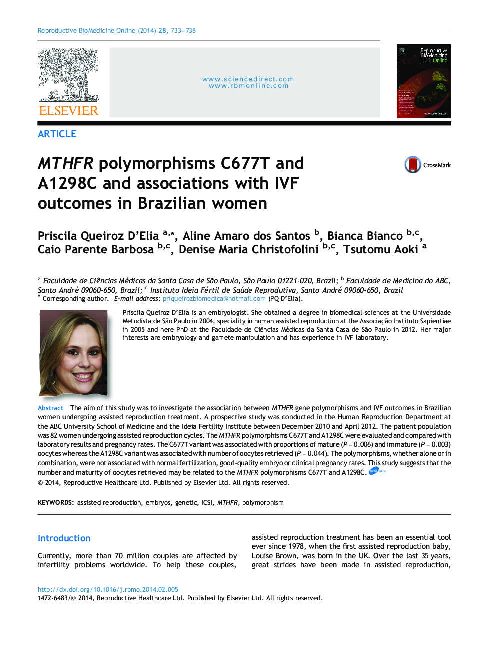 MTHFR polymorphisms C677T and A1298C and associations with IVF outcomes in Brazilian women 