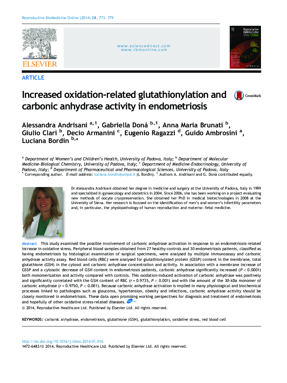 Increased oxidation-related glutathionylation and carbonic anhydrase activity in endometriosis 