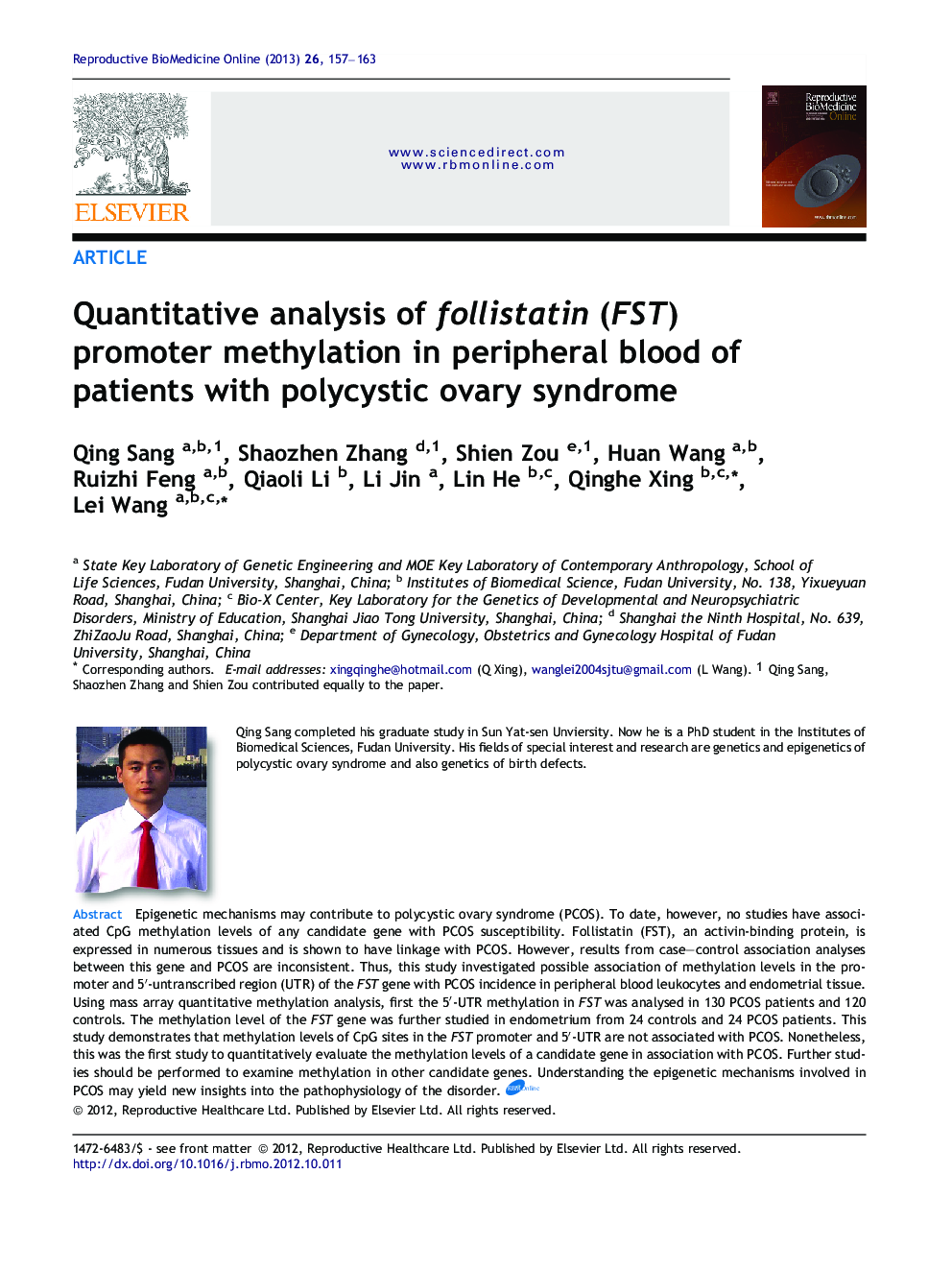 Quantitative analysis of follistatin (FST) promoter methylation in peripheral blood of patients with polycystic ovary syndrome 