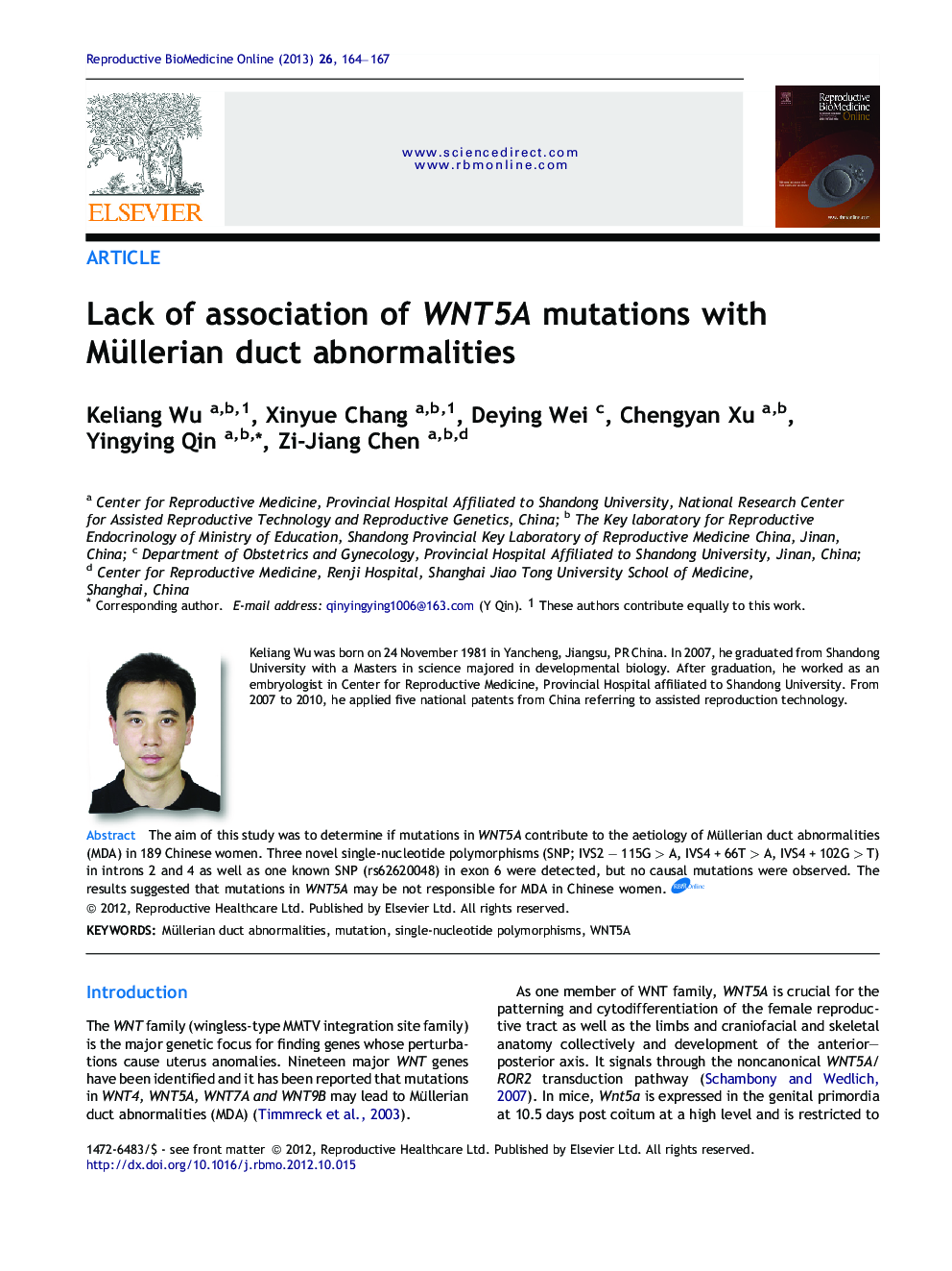 Lack of association of WNT5A mutations with Müllerian duct abnormalities 