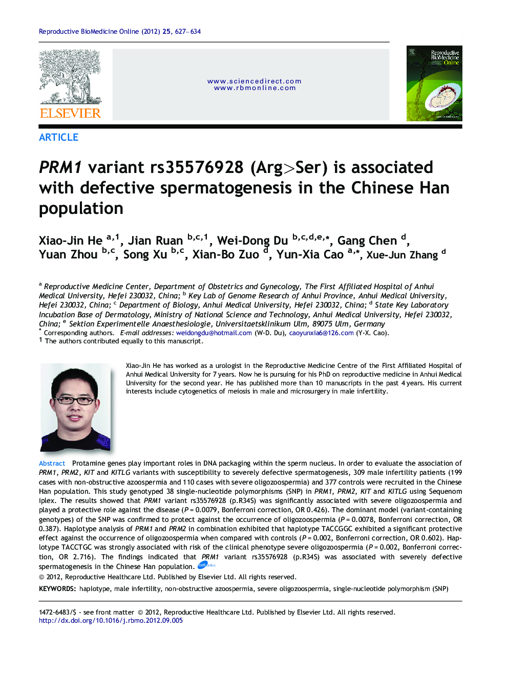 PRM1 variant rs35576928 (Arg>Ser) is associated with defective spermatogenesis in the Chinese Han population 