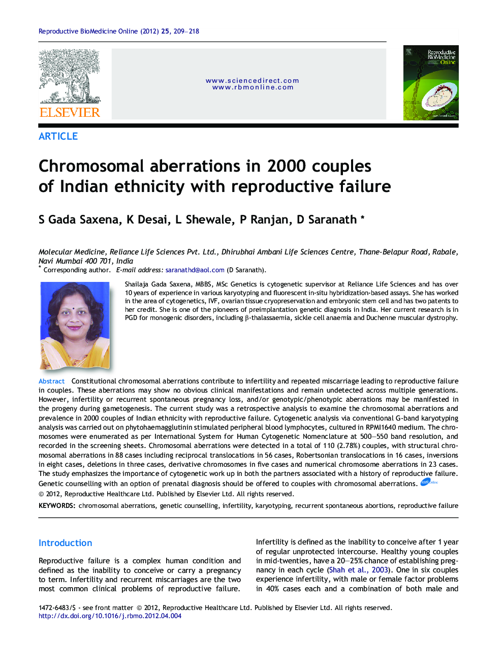 Chromosomal aberrations in 2000 couples of Indian ethnicity with reproductive failure 