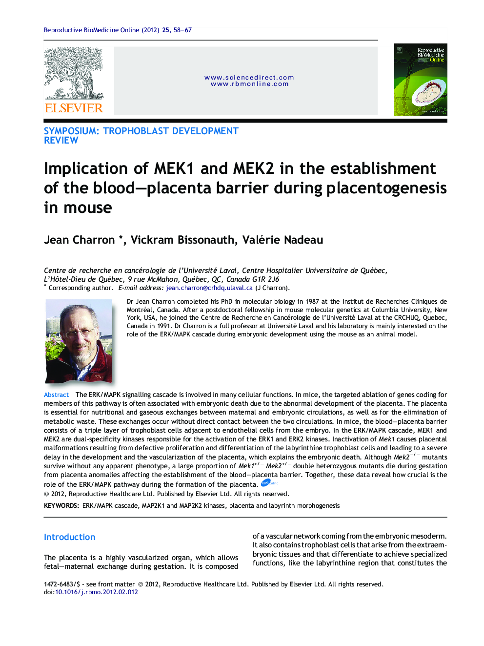 Implication of MEK1 and MEK2 in the establishment of the blood-placenta barrier during placentogenesis in mouse