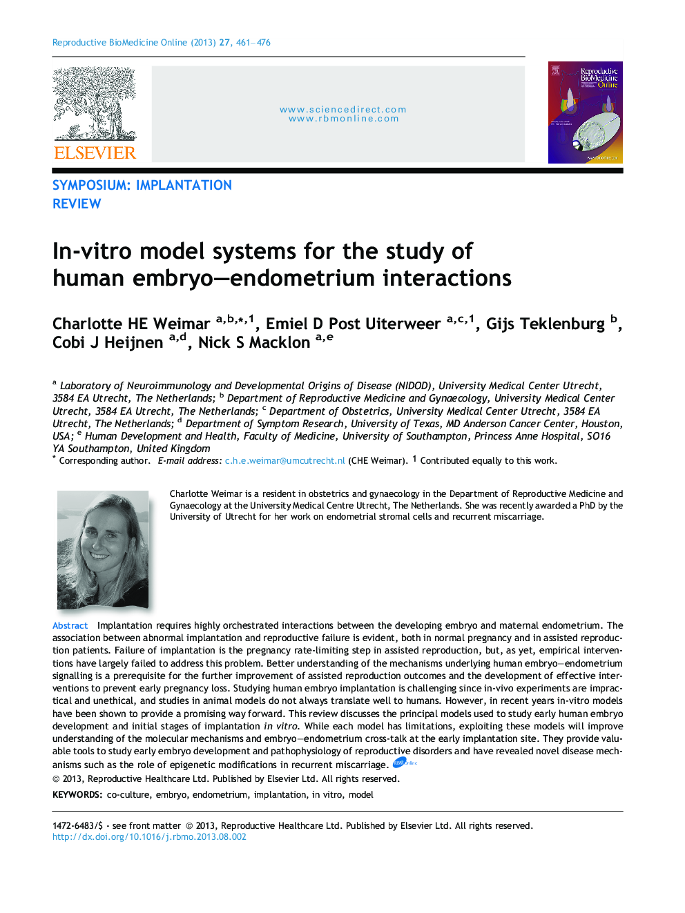 In-vitro model systems for the study of human embryo–endometrium interactions 