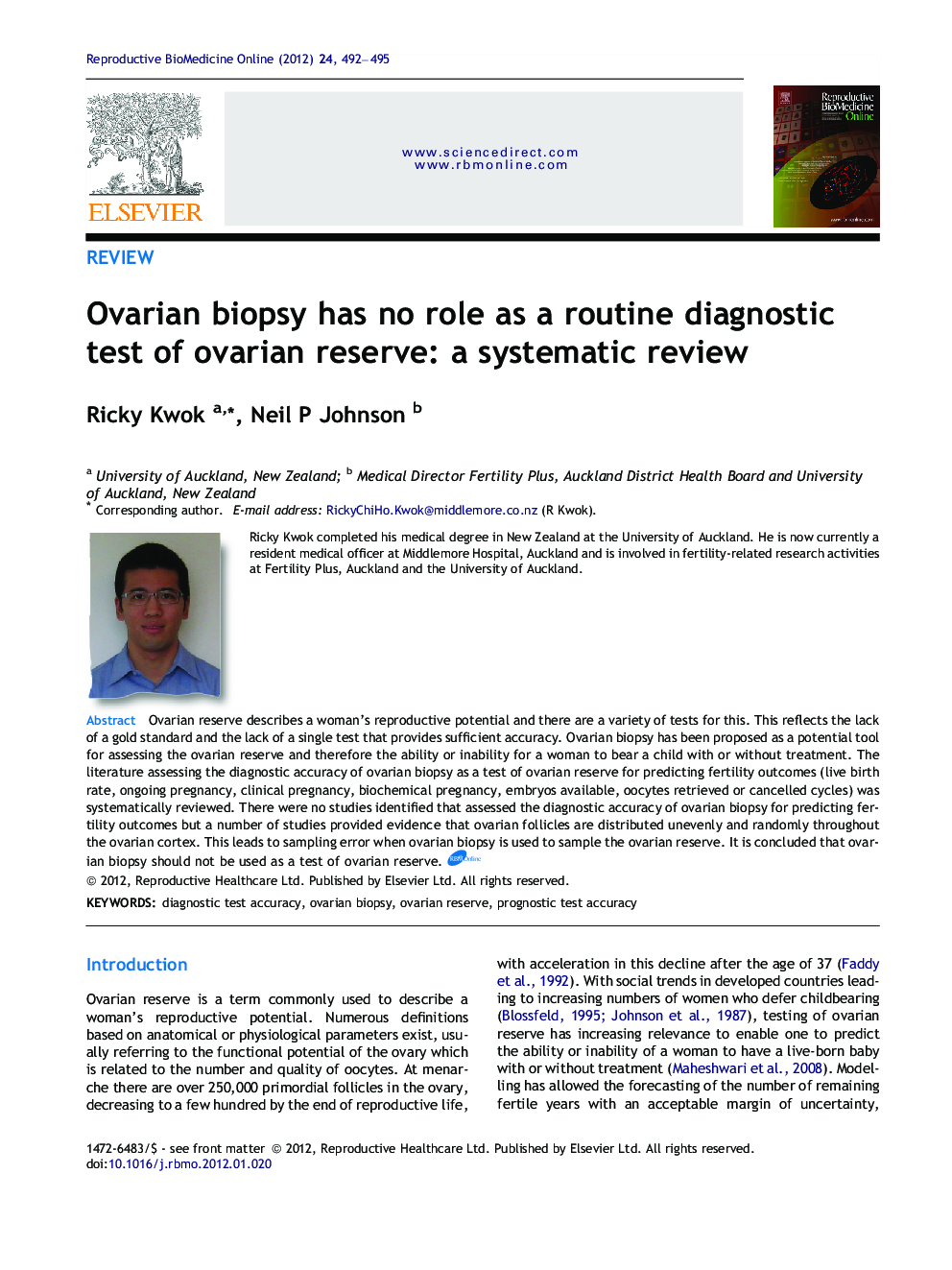 Ovarian biopsy has no role as a routine diagnostic test of ovarian reserve: a systematic review 