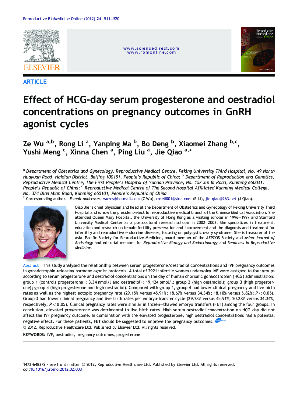 Effect of HCG-day serum progesterone and oestradiol concentrations on pregnancy outcomes in GnRH agonist cycles 