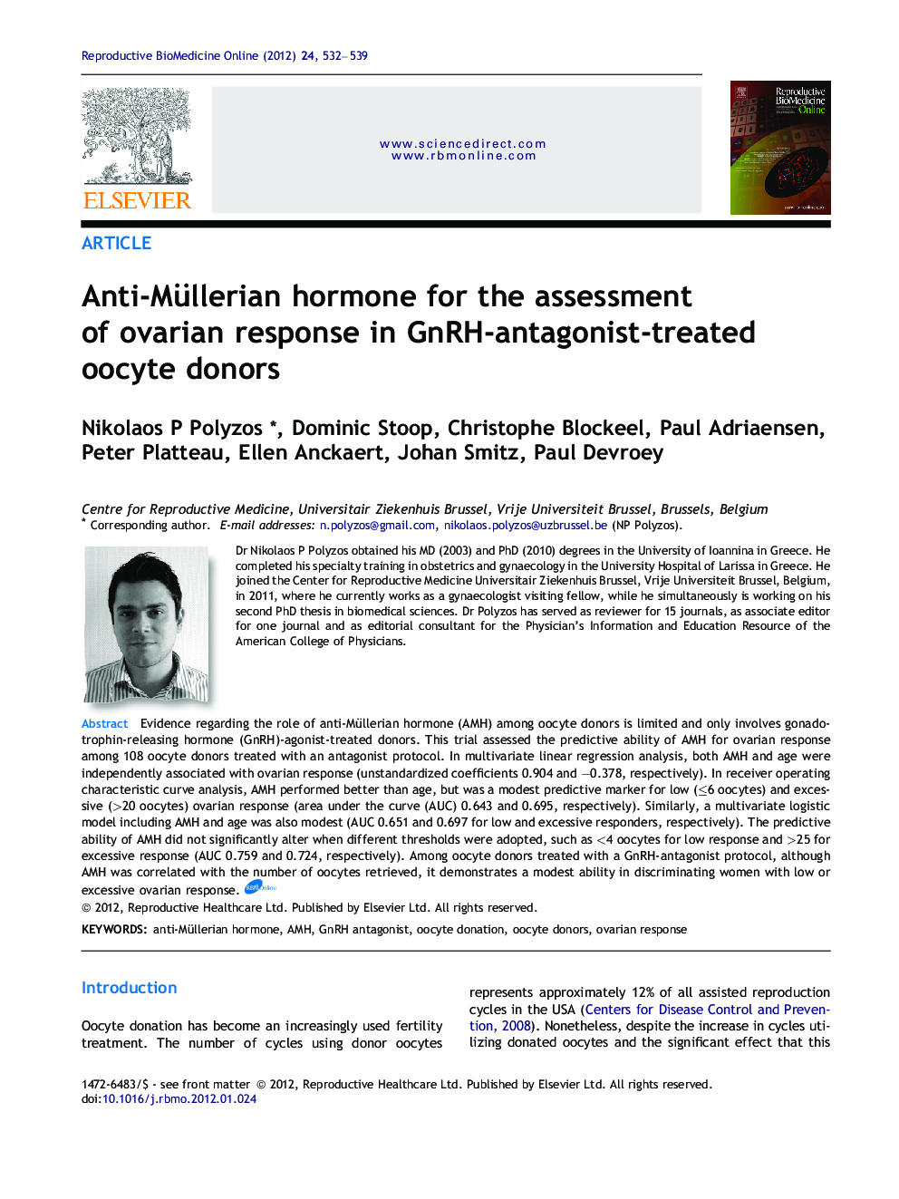 Anti-Müllerian hormone for the assessment of ovarian response in GnRH-antagonist-treated oocyte donors
