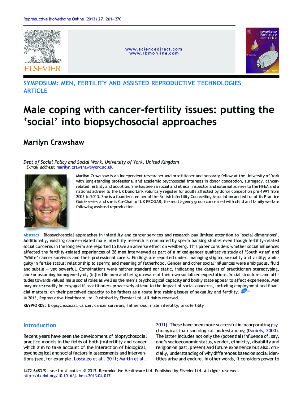 Male coping with cancer-fertility issues: putting the ‘social’ into biopsychosocial approaches 