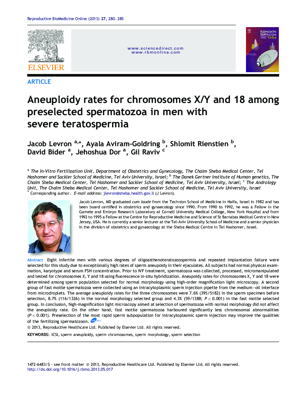 Aneuploidy rates for chromosomes X/Y and 18 among preselected spermatozoa in men with severe teratospermia 