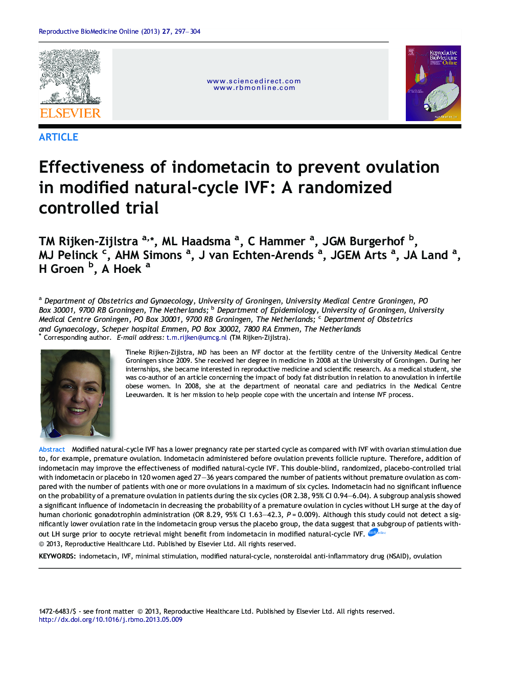 Effectiveness of indometacin to prevent ovulation in modified natural-cycle IVF: A randomized controlled trial 