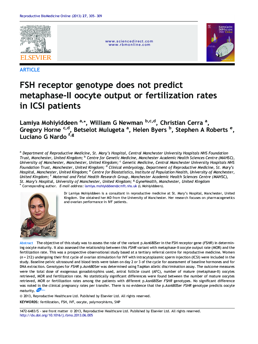 FSH receptor genotype does not predict metaphase-II oocyte output or fertilization rates in ICSI patients  