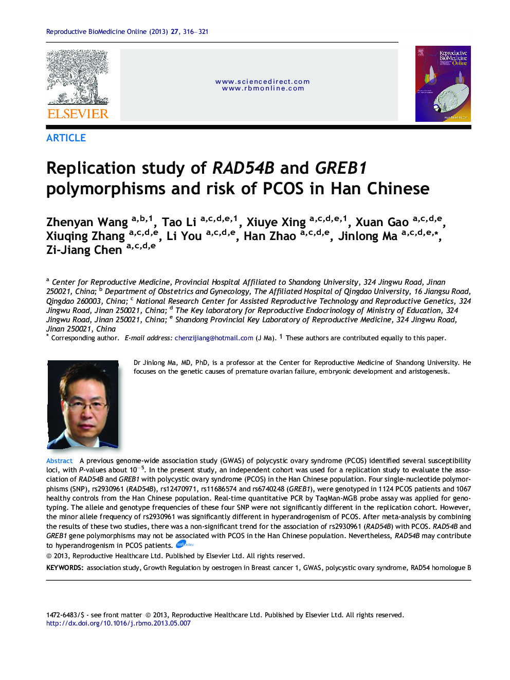 Replication study of RAD54B and GREB1 polymorphisms and risk of PCOS in Han Chinese 