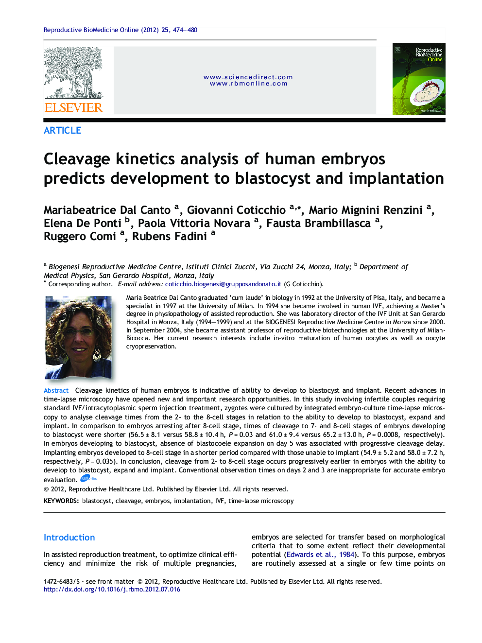 Cleavage kinetics analysis of human embryos predicts development to blastocyst and implantation 