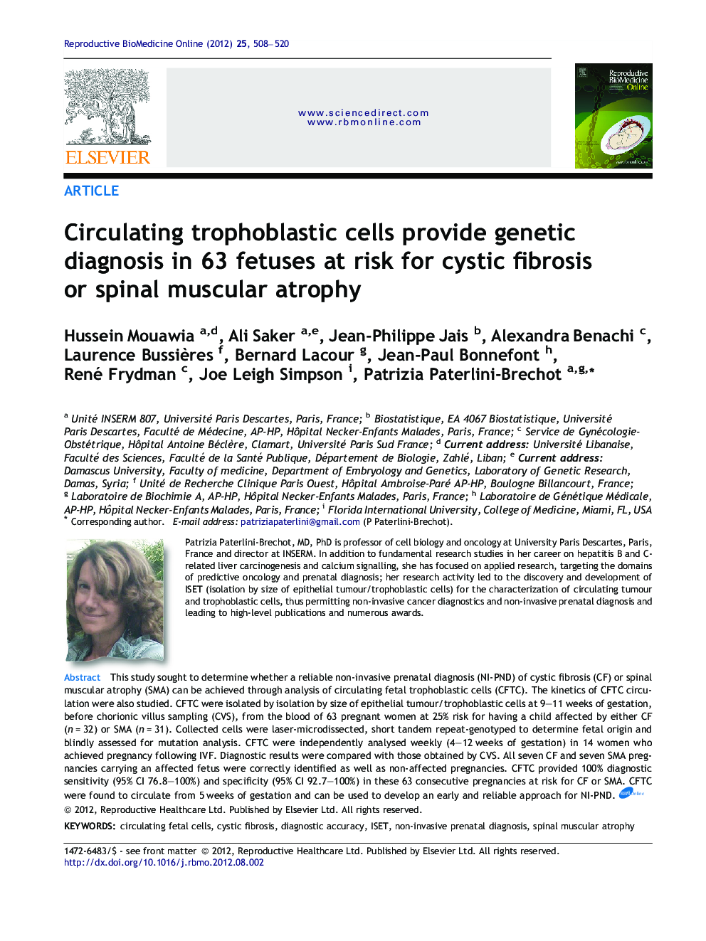 Circulating trophoblastic cells provide genetic diagnosis in 63 fetuses at risk for cystic fibrosis or spinal muscular atrophy 