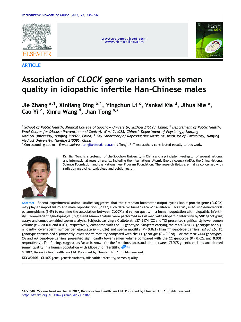 Association of CLOCK gene variants with semen quality in idiopathic infertile Han-Chinese males 