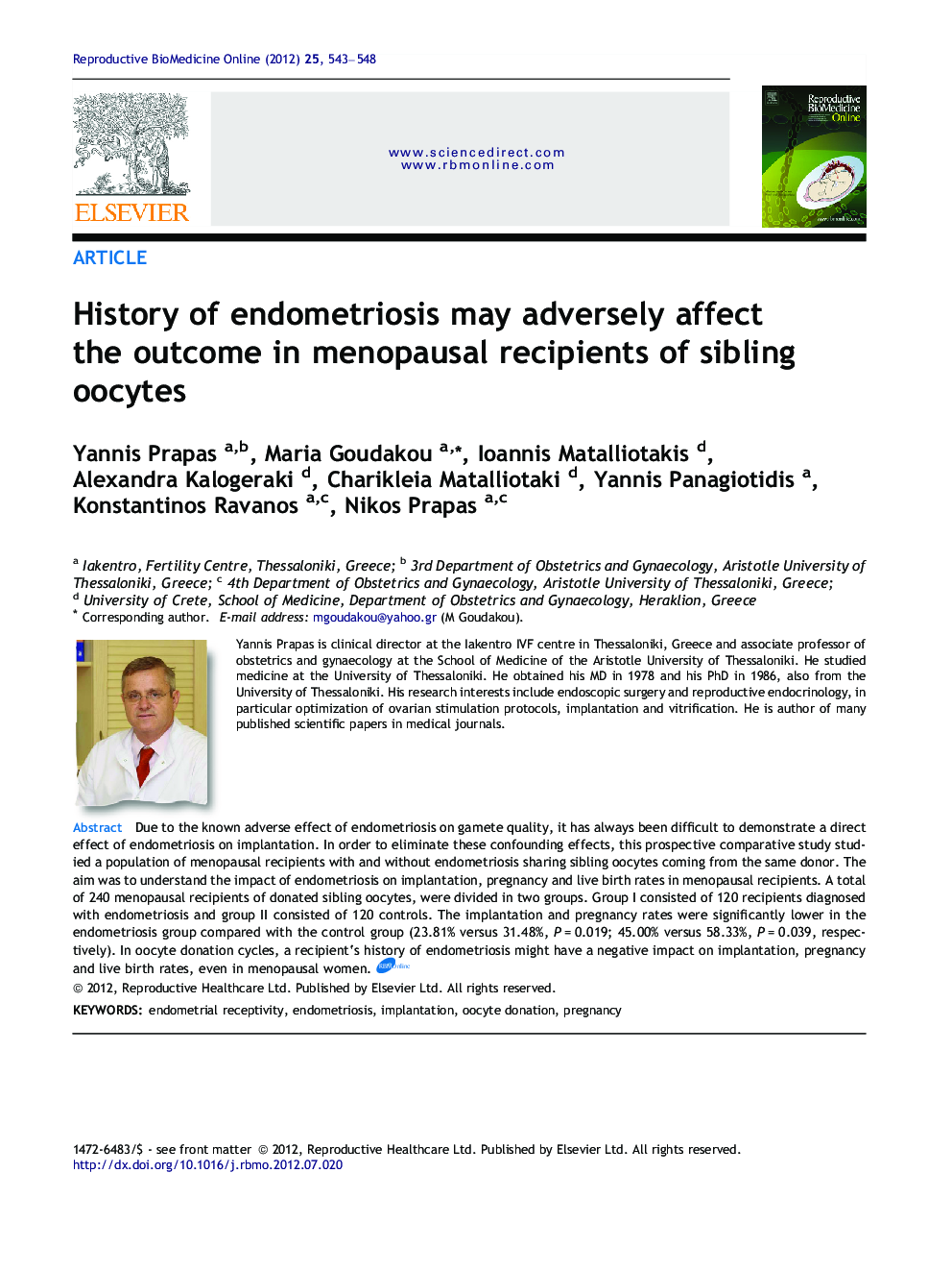 History of endometriosis may adversely affect the outcome in menopausal recipients of sibling oocytes 