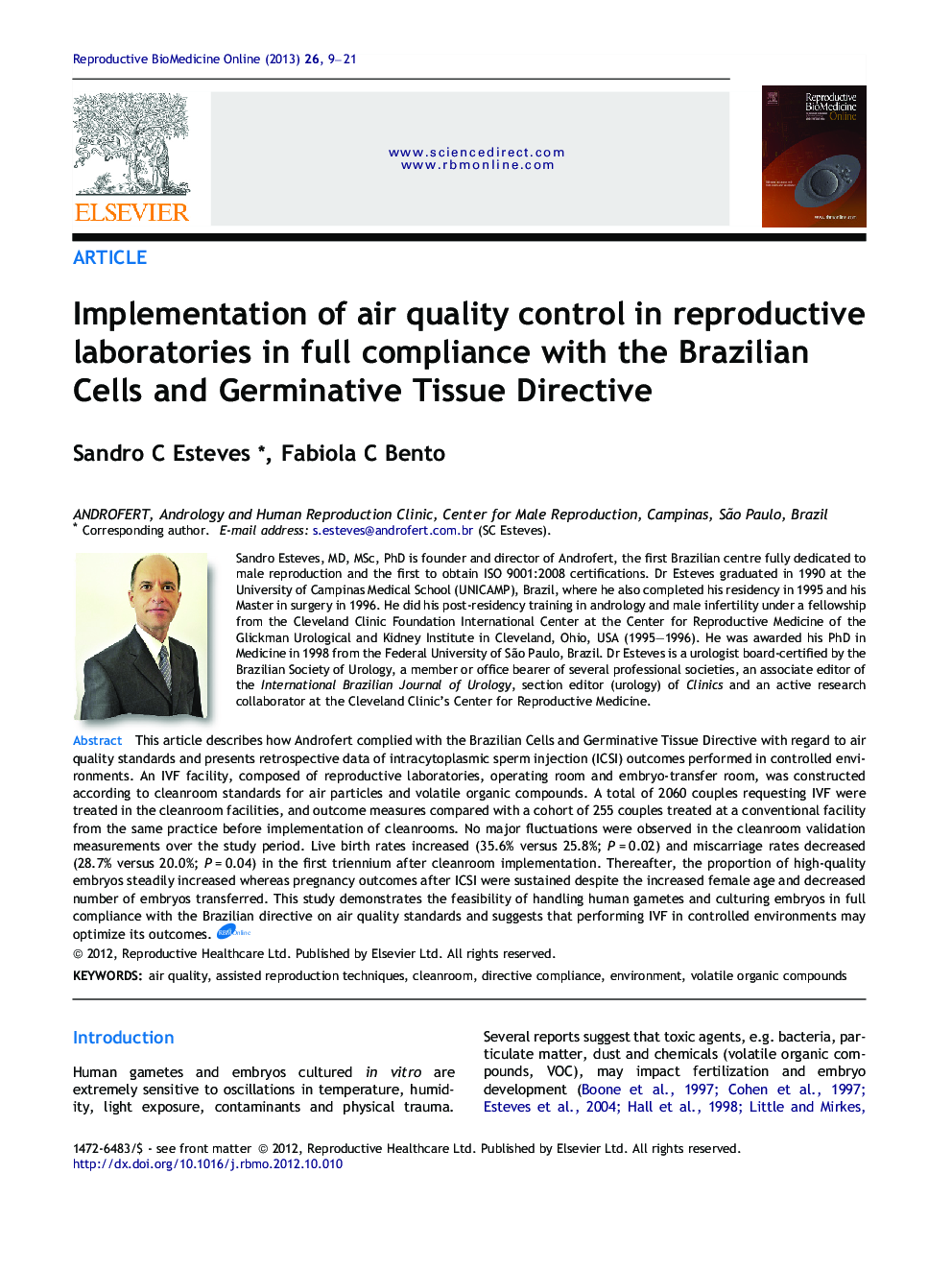 Implementation of air quality control in reproductive laboratories in full compliance with the Brazilian Cells and Germinative Tissue Directive 