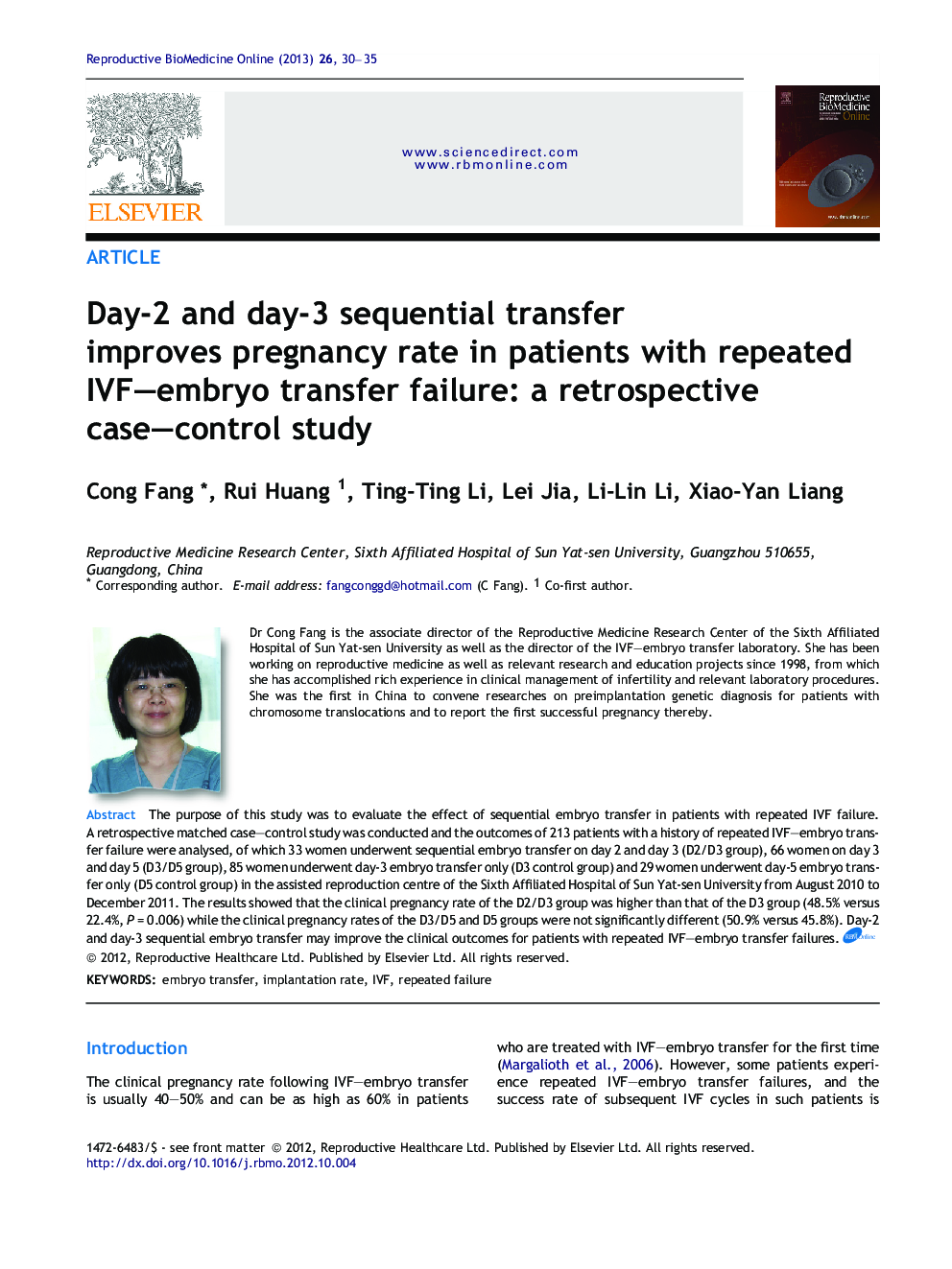 Day-2 and day-3 sequential transfer improves pregnancy rate in patients with repeated IVF–embryo transfer failure: a retrospective case–control study 