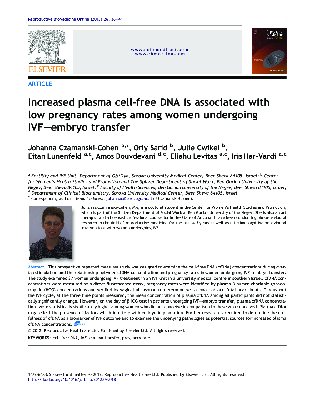 Increased plasma cell-free DNA is associated with low pregnancy rates among women undergoing IVF–embryo transfer 