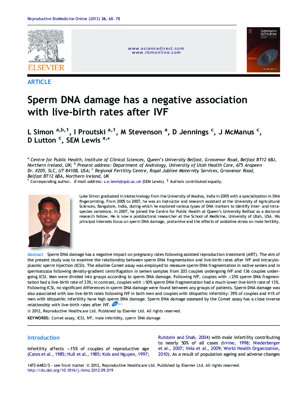 Sperm DNA damage has a negative association with live-birth rates after IVF 