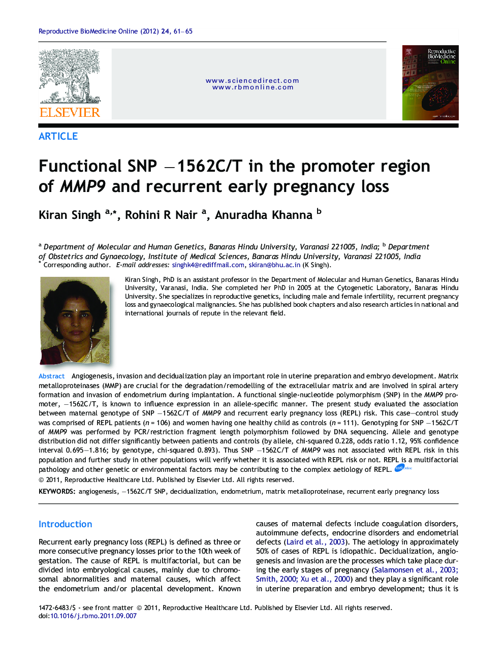 Functional SNP −1562C/T in the promoter region of MMP9 and recurrent early pregnancy loss 