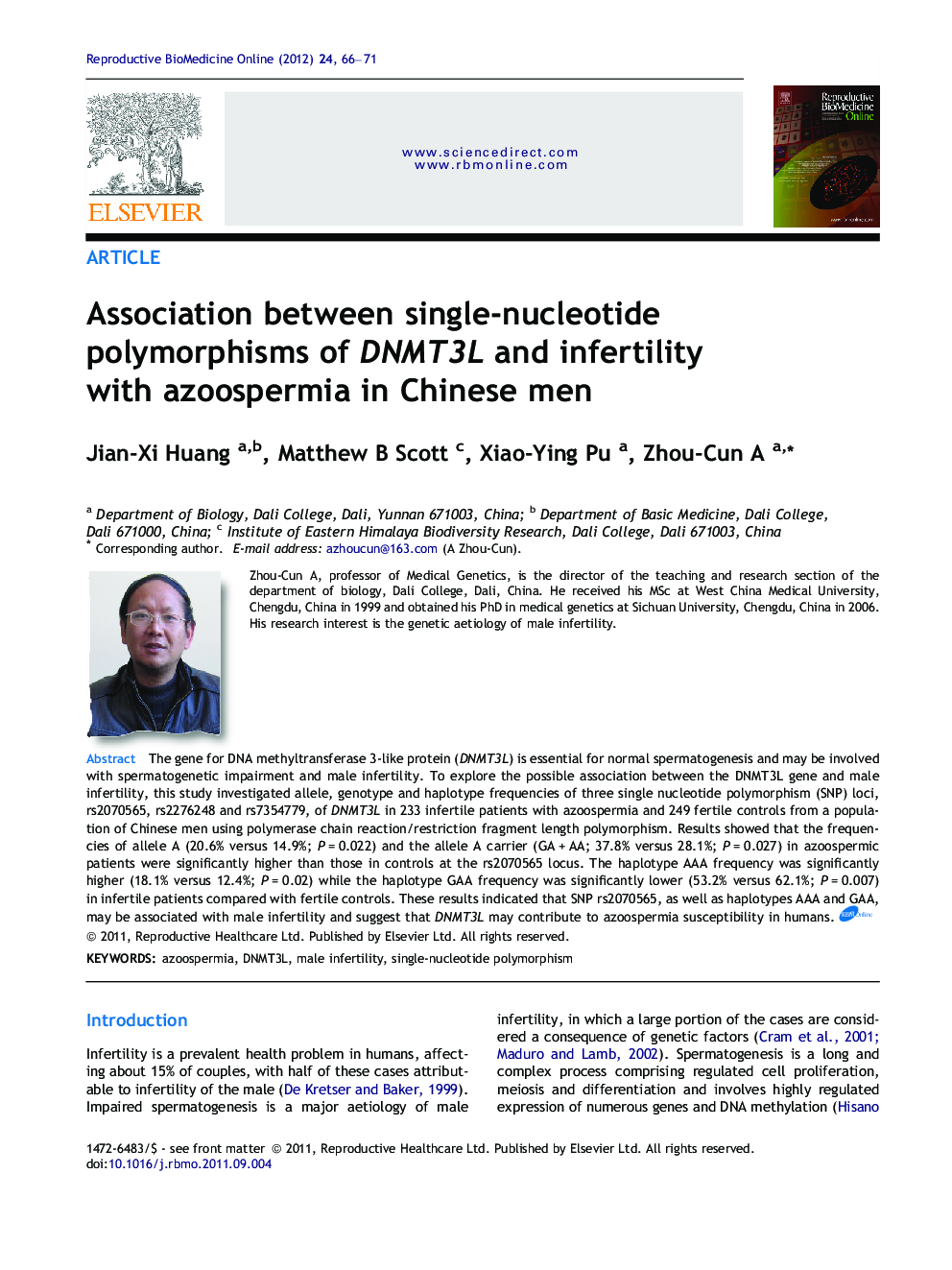 Association between single-nucleotide polymorphisms of DNMT3L and infertility with azoospermia in Chinese men 