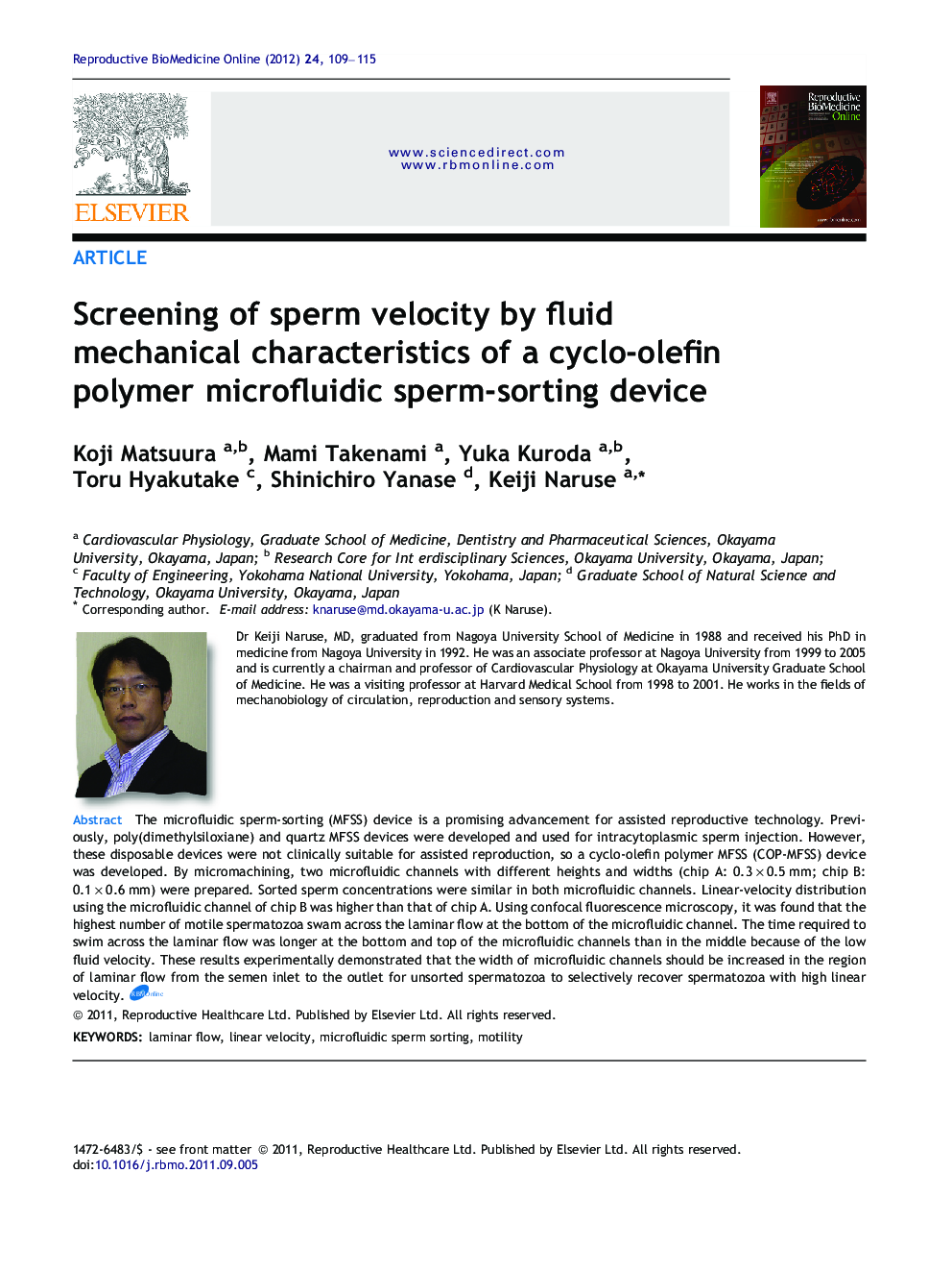 Screening of sperm velocity by fluid mechanical characteristics of a cyclo-olefin polymer microfluidic sperm-sorting device 