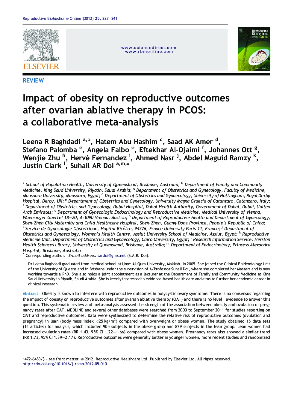 Impact of obesity on reproductive outcomes after ovarian ablative therapy in PCOS: a collaborative meta-analysis 