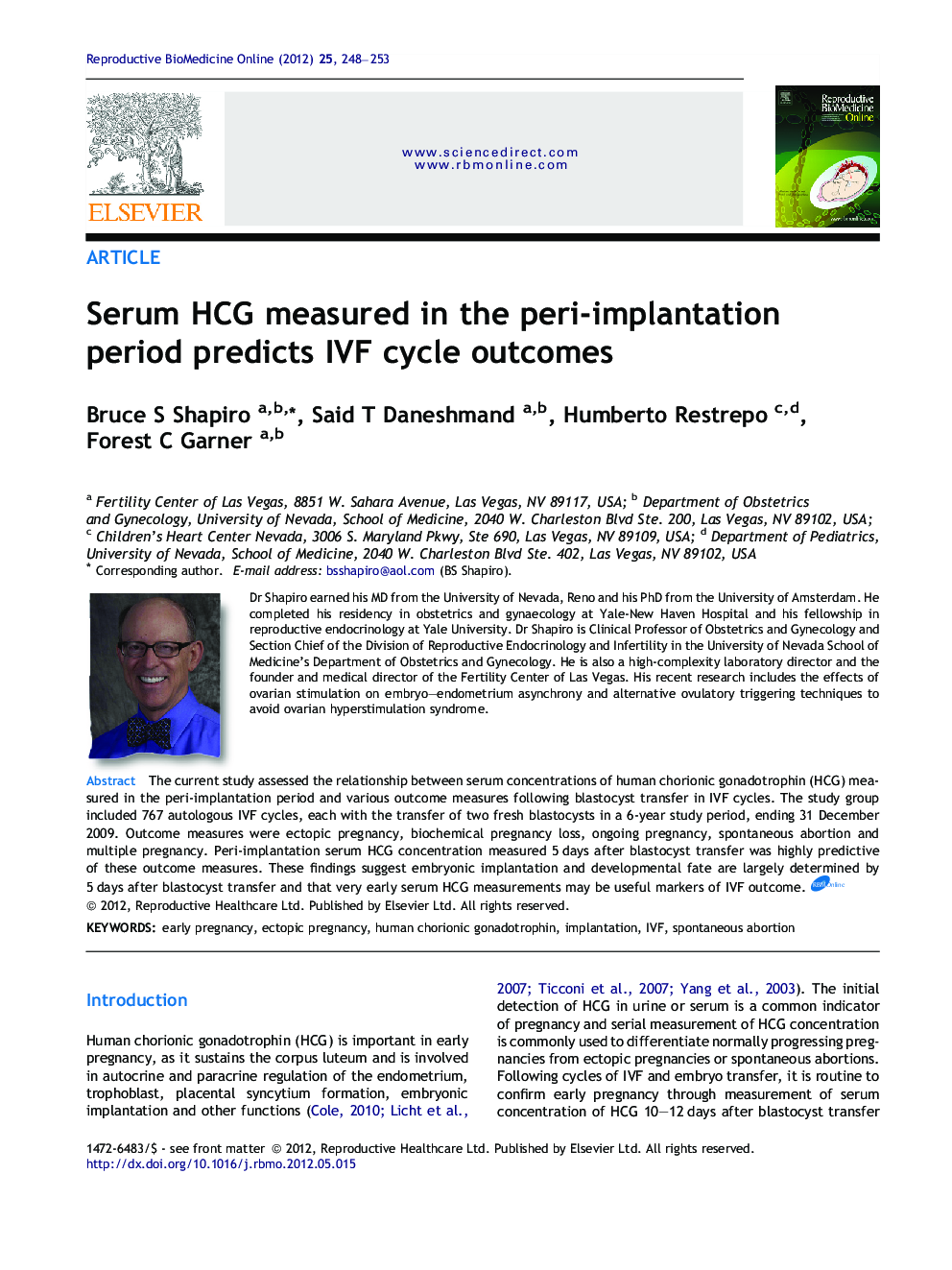 Serum HCG measured in the peri-implantation period predicts IVF cycle outcomes 