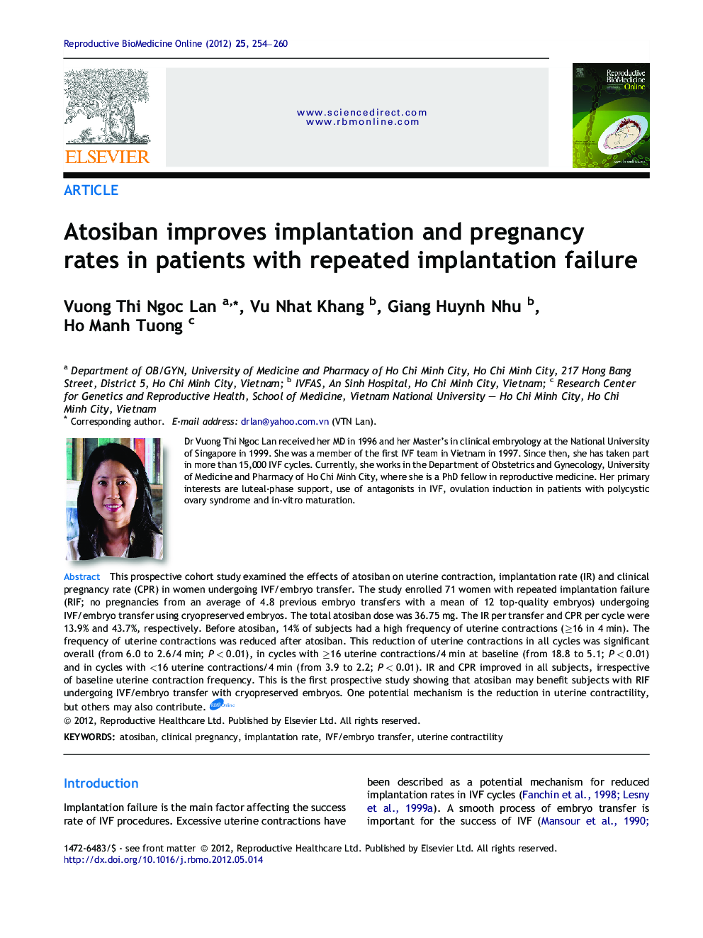 Atosiban improves implantation and pregnancy rates in patients with repeated implantation failure 