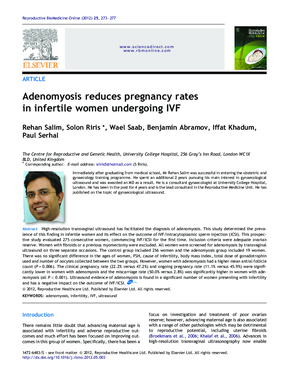 Adenomyosis reduces pregnancy rates in infertile women undergoing IVF 