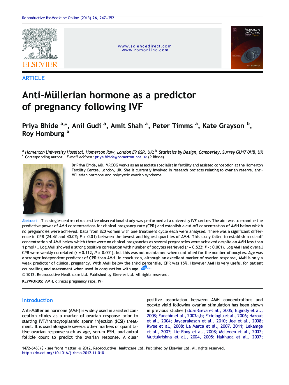 Anti-Müllerian hormone as a predictor of pregnancy following IVF 