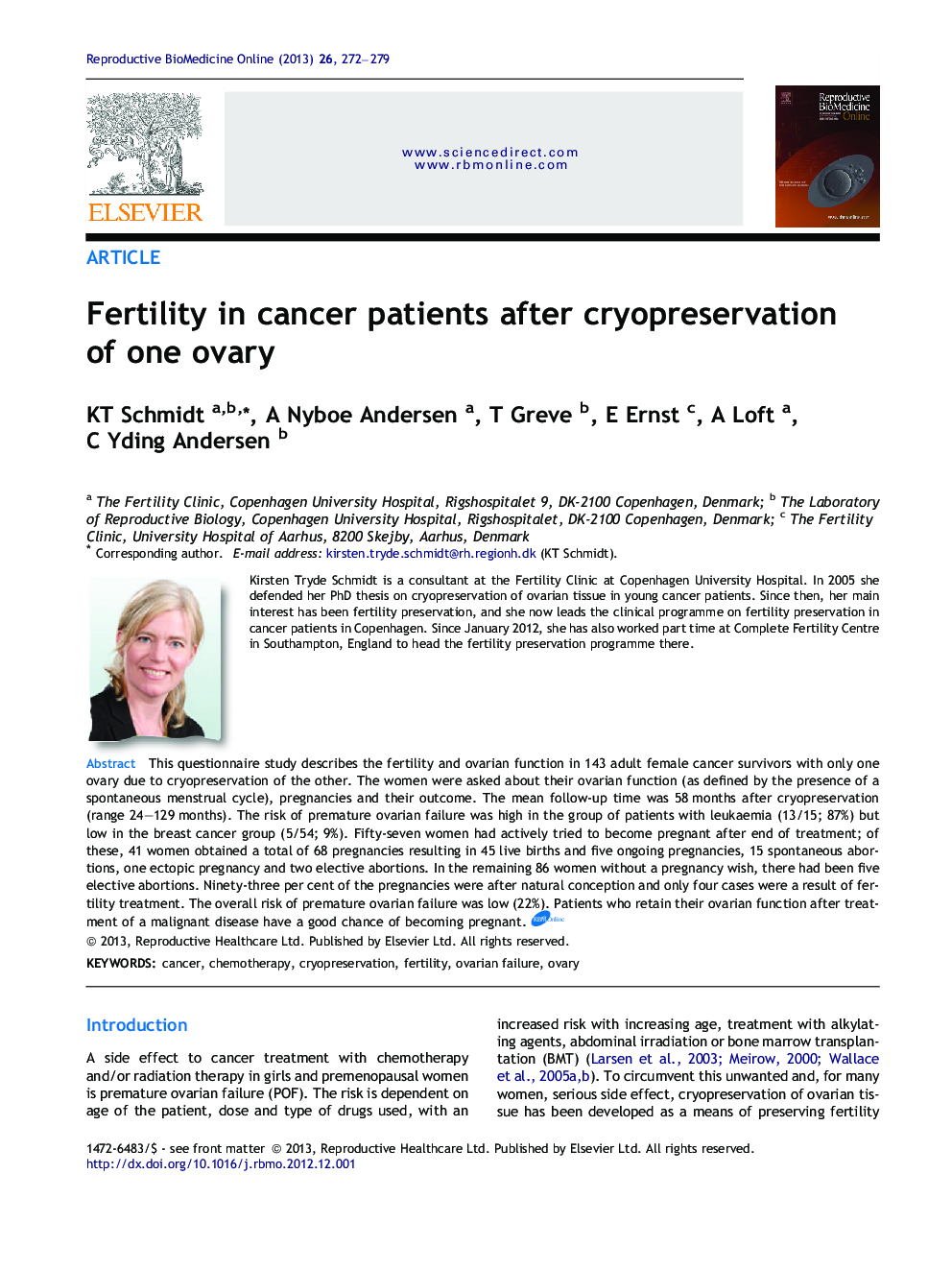 Fertility in cancer patients after cryopreservation of one ovary 