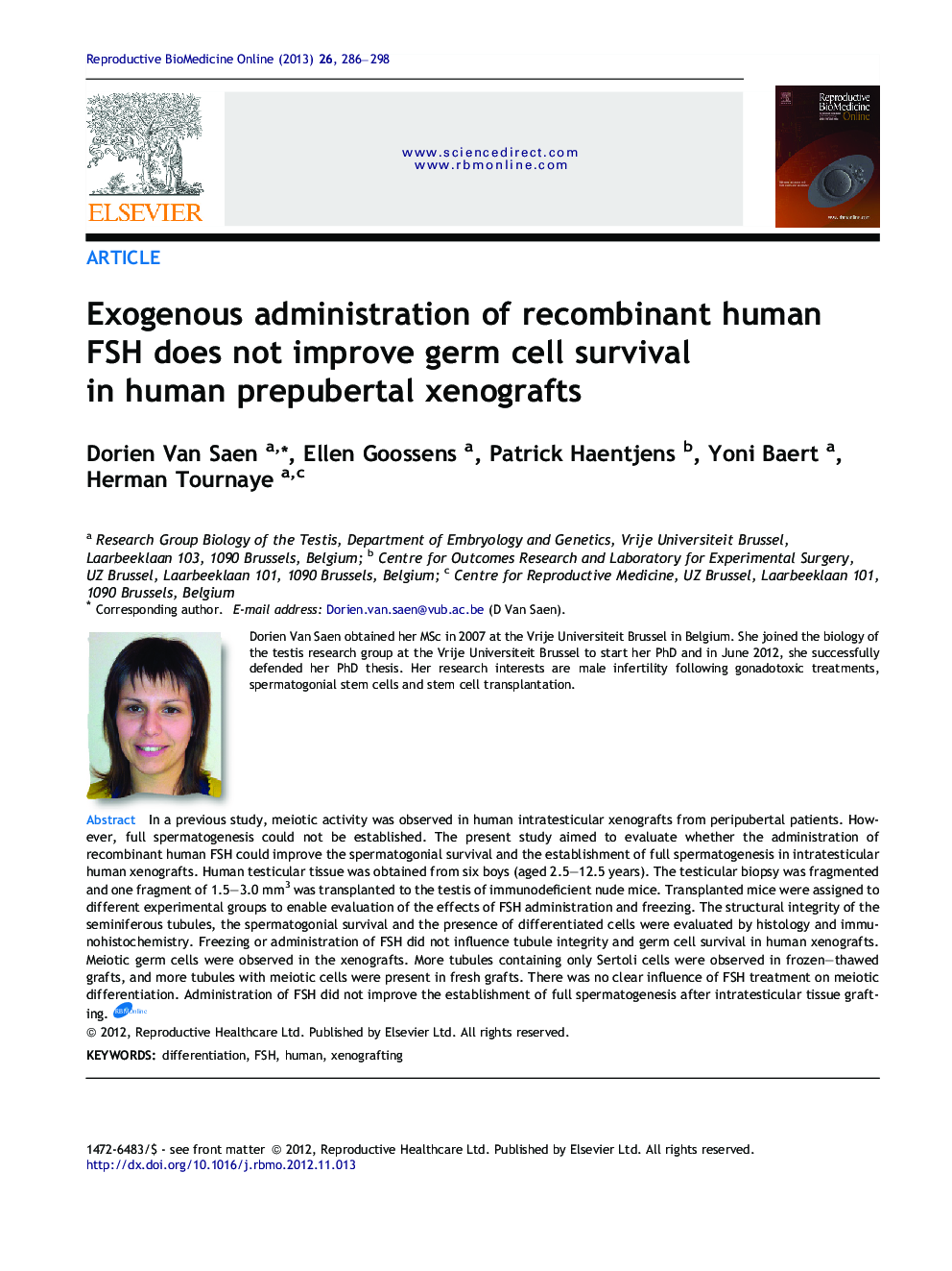 Exogenous administration of recombinant human FSH does not improve germ cell survival in human prepubertal xenografts 