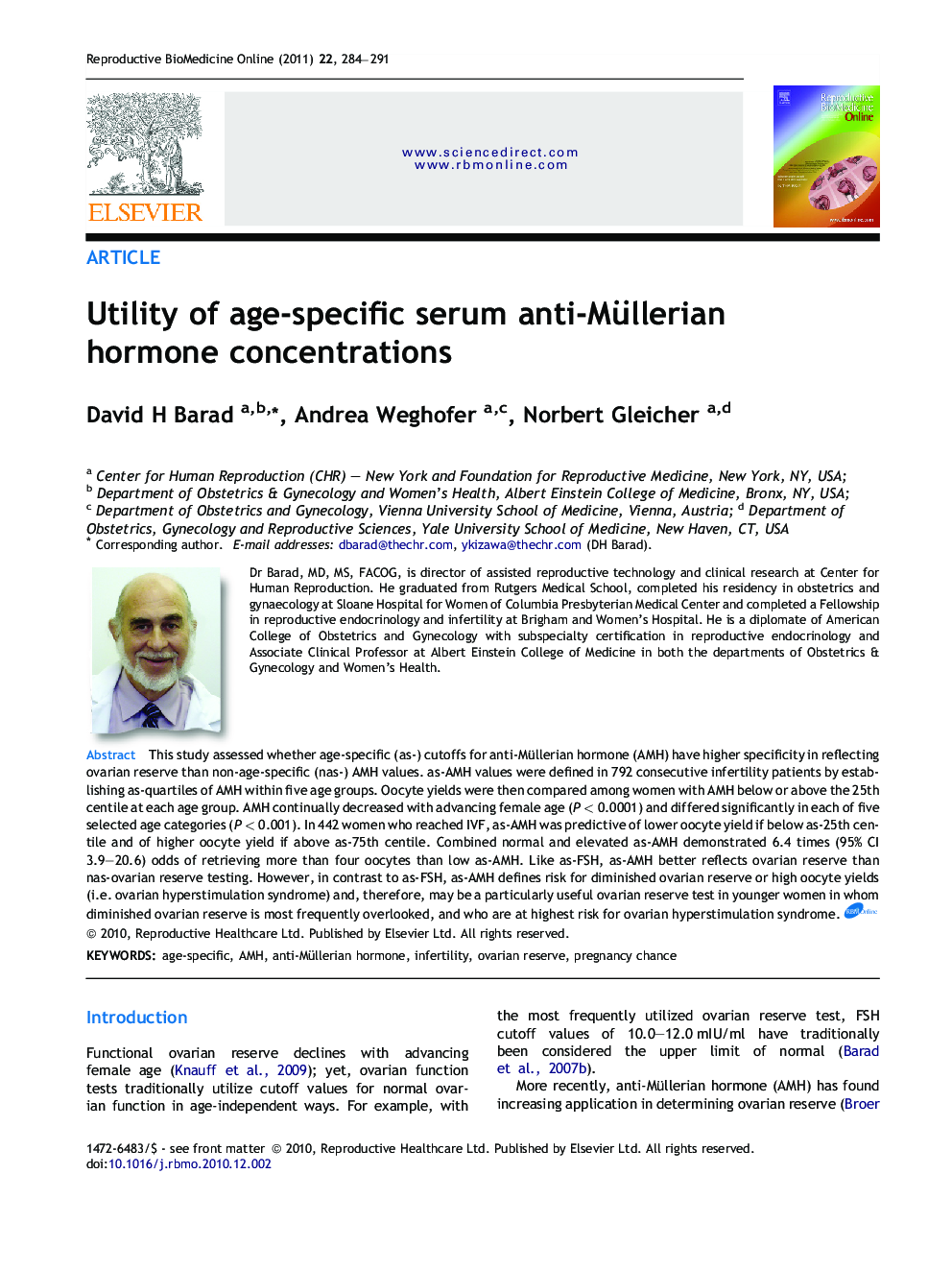 Utility of age-specific serum anti-Müllerian hormone concentrations