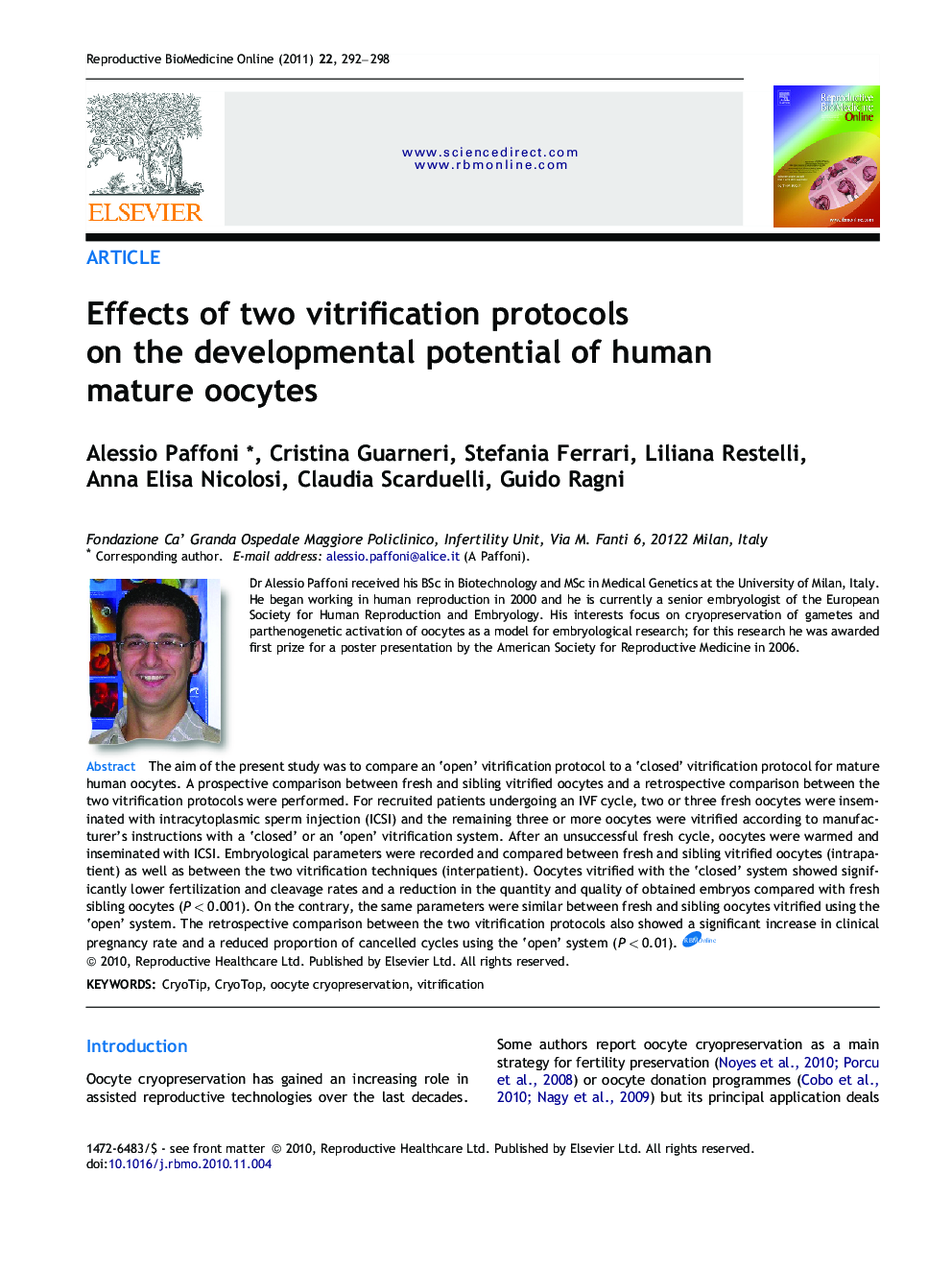 Effects of two vitrification protocols on the developmental potential of human mature oocytes 