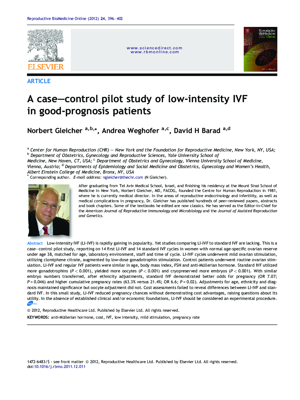 A case–control pilot study of low-intensity IVF in good-prognosis patients 